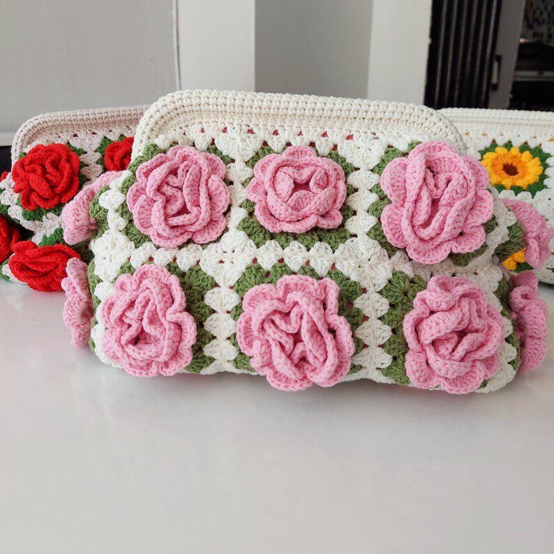 Handmade Sunflower Crochet Clutch Bag: Granny Square Purse, Gift for- her, Galentine's Day Gifts Bag image 10