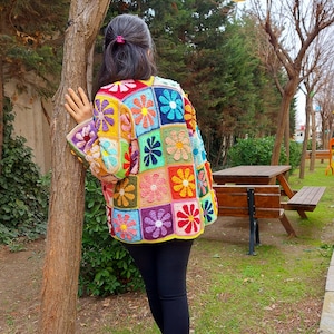 Crochet Granny Square Cardigan, Multicolor Patchwork Jacket, Crochet Boho Cardigan, Afghan Coat, Handknit Patchwork Sweater, Gift for her image 6