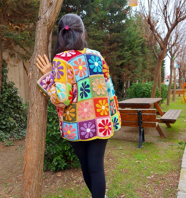 Crochet Granny Square Cardigan, Multicolor Patchwork Jacket, Crochet Boho Cardigan, Afghan Coat, Handknit Patchwork Sweater, Gift for her image 6