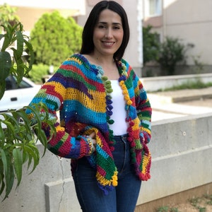 Crochet Multicolor Cardigan, Oversized Knitwear jacket, Wool Knitted Sweater, Boho multicolored Coat , Granny Square Cardigan, Gift for her image 4