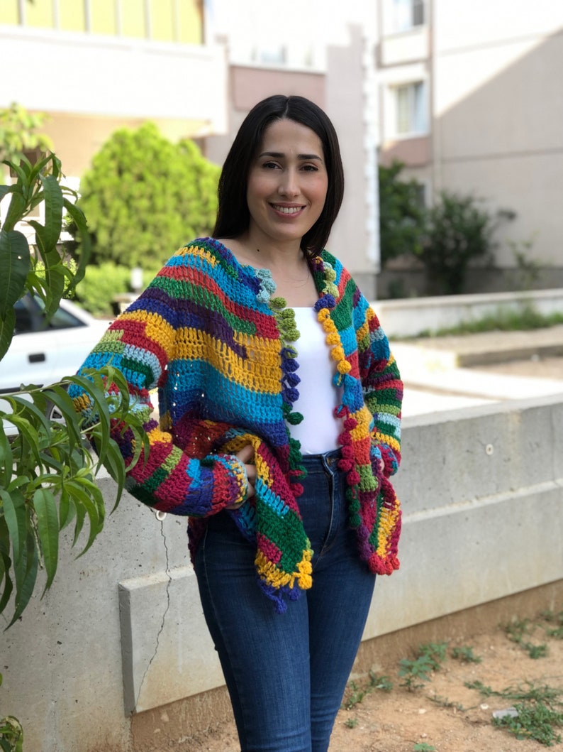 Crochet Multicolor Cardigan, Oversized Knitwear jacket, Wool Knitted Sweater, Boho multicolored Coat , Granny Square Cardigan, Gift for her image 4