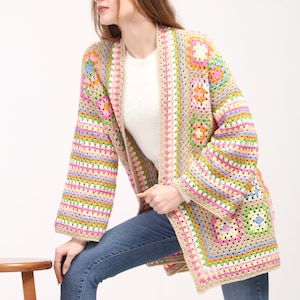 Crocheted Boho Sweater, Beige Crochet Sweater, Granny Square Cardigan, Cotton Patchwork Jacket, Long Afghan Coat, Women's Wear, Gift for her image 4