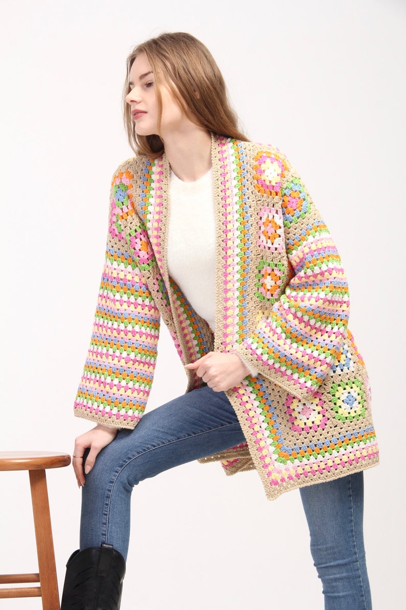 Crocheted Boho Sweater, Beige Crochet Sweater, Granny Square Cardigan, Cotton Patchwork Jacket, Long Afghan Coat, Women's Wear, Gift for her image 4