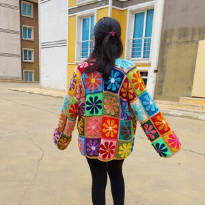 Crochet Granny Square Cardigan, Multicolor Patchwork Jacket, Crochet Boho Cardigan, Afghan Coat, Handknit Patchwork Sweater, Gift for her image 9