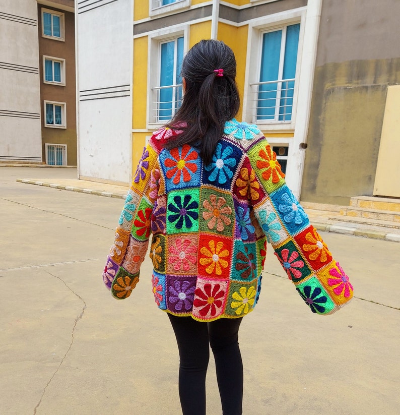 Crochet Granny Square Cardigan, Multicolor Patchwork Jacket, Crochet Boho Cardigan, Afghan Coat, Handknit Patchwork Sweater, Gift for her image 9