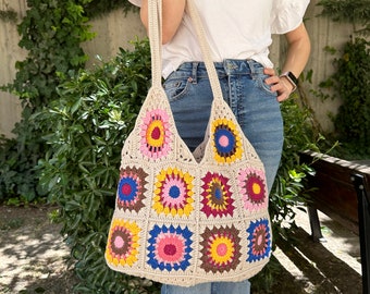 Crochet Bag, Shoulder Bag, Granny Square Bag, Patchwork Bag, Crochet Boho Bag, Begie Bag, for Women Bag, Beach Bag, Afghan Bag, Gift for her