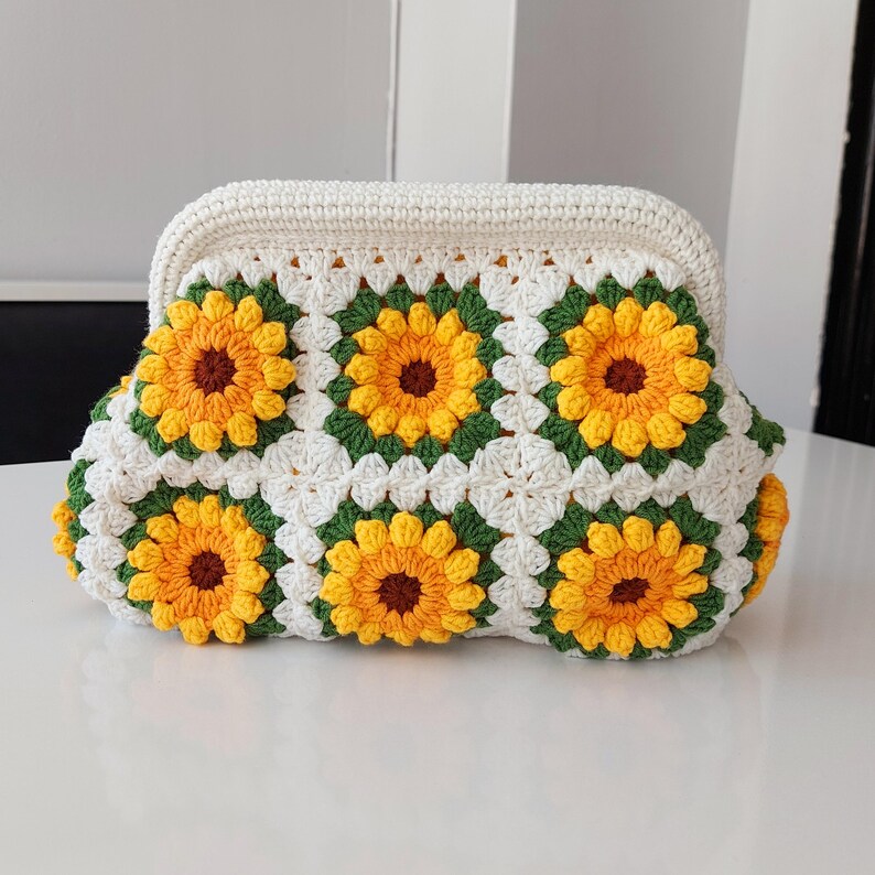 Handmade Sunflower Crochet Clutch Bag: Granny Square Purse, Gift for- her, Galentine's Day Gifts Bag image 4