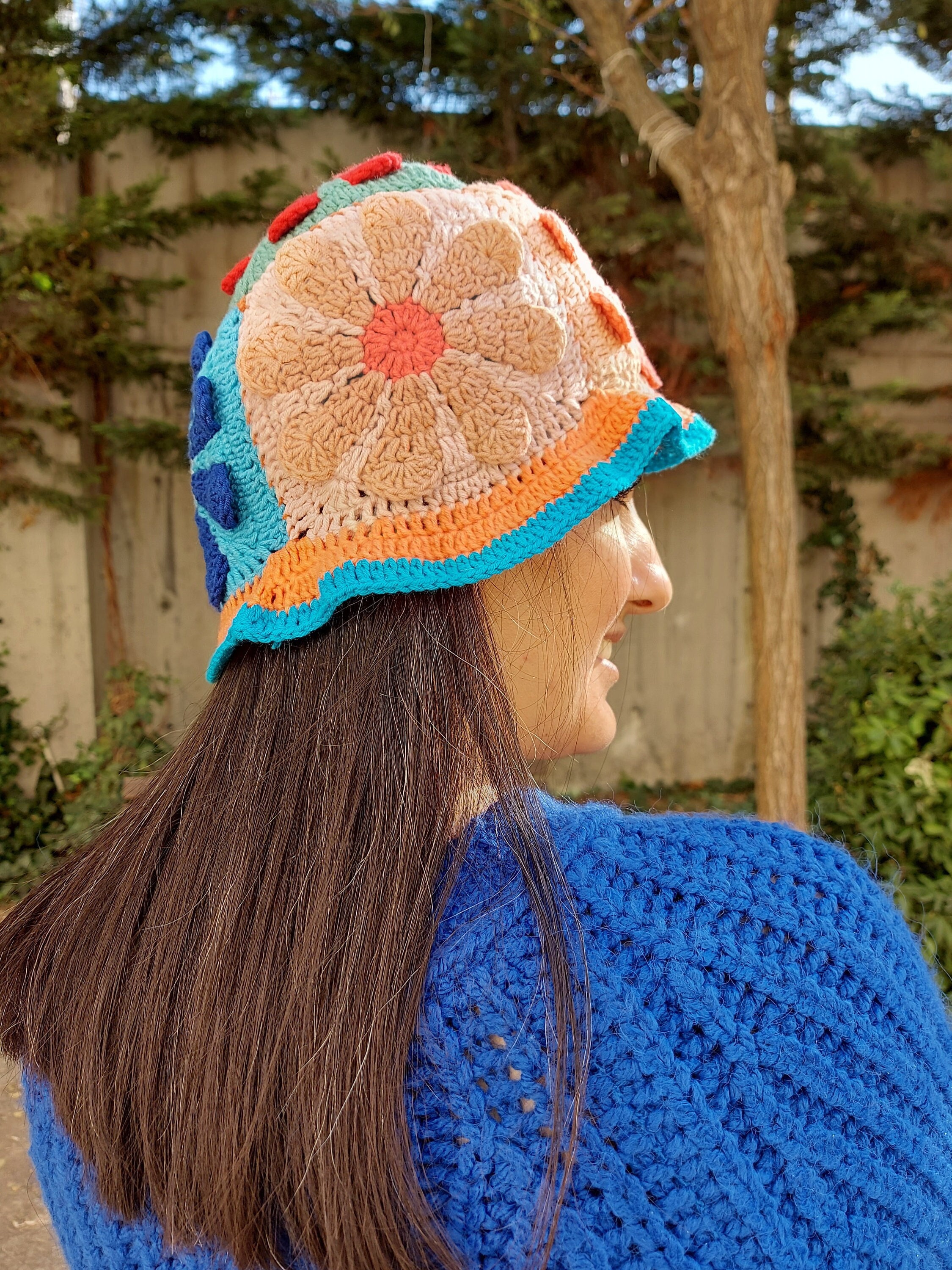 Handcrafted Crochet Bucket Hat Granny Square Acrylic Yarn Handmade Knit Granny Square Bucket Hat Crochet Pattern – Joy of Motion Crochet main image 2