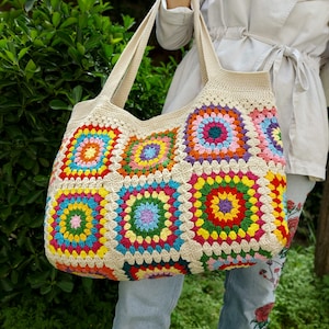 Granny Square Bag, Crochet Handle Bag, Crochet Bag, Boho Bag, Beach Bag, Shoulder Bag, Granny Square Beige Bag, Patchwork Bag, Gift for her image 3