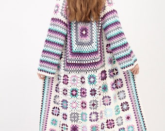 Handmade Crochet Granny Square Cardigan:Long Boho Spring Style Sweater