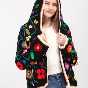 Crochet Jacket, Hooded Black Sweater, Crochet Hooded Coat, Floral Sweater, for Woman Hooded Jacket, Cotton Boho Cardigan, Knitwear Sweater image 3