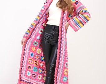 Pink Granny Square Sweater, Pink Patchwork Jacket, Long Granny Square Cardigan, Crochet Boho Jacket, Multicolor Long Coat, for Woman Sweater