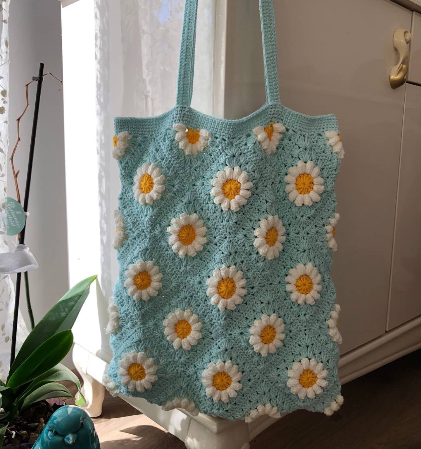 Blue Crochet Granny Square Bag: Handmade Cotton Summer Tote