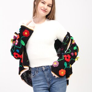 Crochet Jacket, Hooded Black Sweater, Crochet Hooded Coat, Floral Sweater, for Woman Hooded Jacket, Cotton Boho Cardigan, Knitwear Sweater image 5