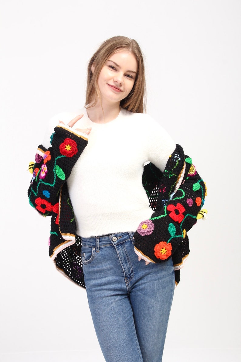 Crochet Jacket, Hooded Black Sweater, Crochet Hooded Coat, Floral Sweater, for Woman Hooded Jacket, Cotton Boho Cardigan, Knitwear Sweater image 5