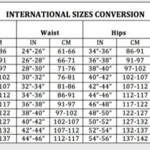 May include: A chart showing international size conversions for women's clothing. The chart includes sizes for bust, waist, hips, UK & AU sizes, Euro sizes, and USA sizes. Measurements are shown in inches and centimeters.