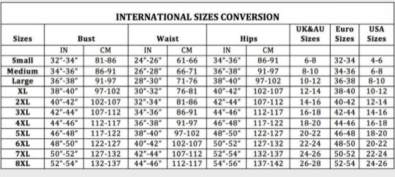 May include: A chart showing international size conversions for women's clothing. The chart includes sizes for bust, waist, hips, UK & AU sizes, Euro sizes, and USA sizes. Measurements are shown in inches and centimeters.