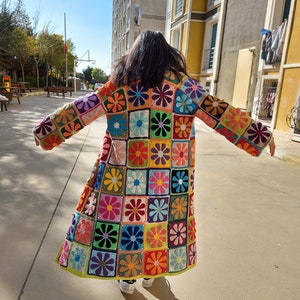 Crochet Patchwork Cardigan, Multicolor Granny Square Jacket, Boho Long Cardigan, Multicolor Maxi Plus Coat, Handknit Women Clothing Sweater, image 8