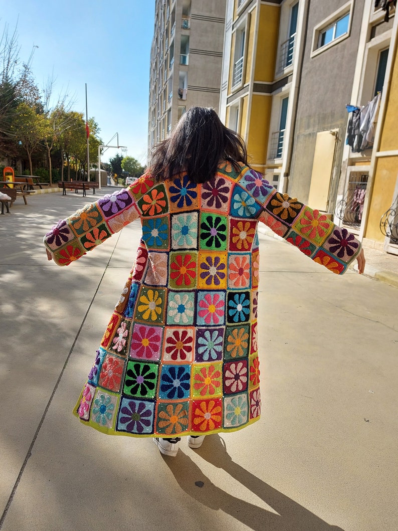 Crochet Patchwork Cardigan, Multicolor Granny Square Jacket, Boho Long Cardigan, Multicolor Maxi Plus Coat, Handknit Women Clothing Sweater, image 8