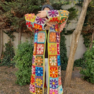 Crochet Patchwork Cardigan, Multicolor Granny Square Jacket, Boho Long Cardigan, Multicolor Maxi Plus Coat, Handknit Women Clothing Sweater, image 2