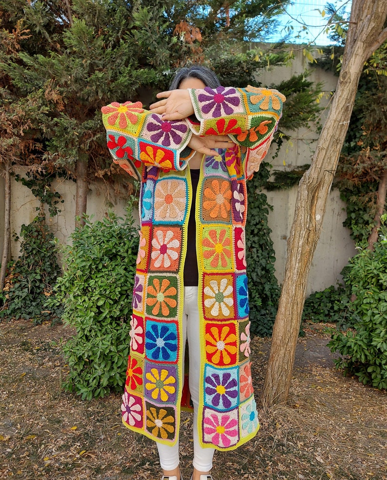 Crochet Patchwork Cardigan, Multicolor Granny Square Jacket, Boho Long Cardigan, Multicolor Maxi Plus Coat, Handknit Women Clothing Sweater, image 2