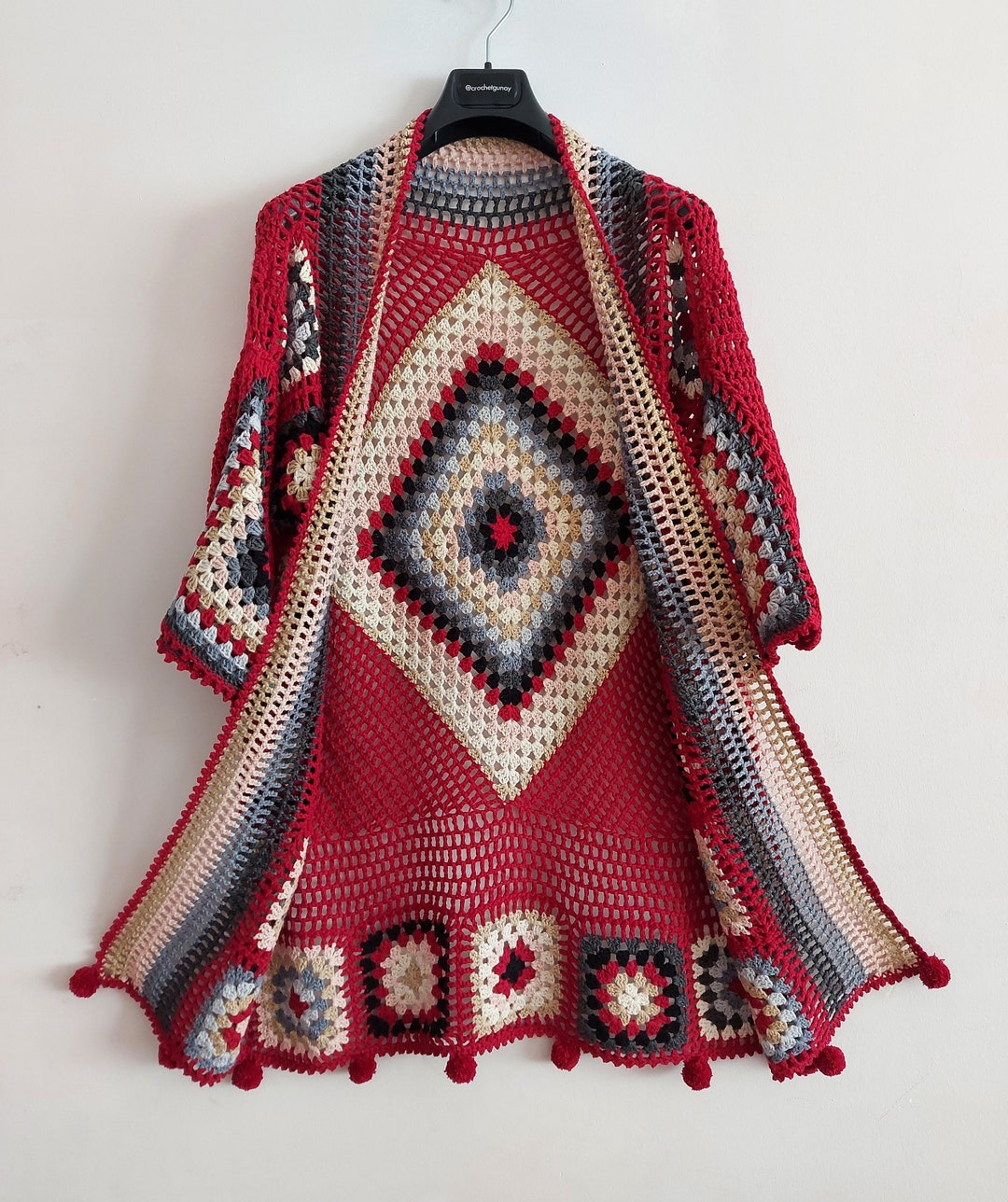 Crochet Boho Jacket, Granny Square Kimono Cardigan, Red Patchwork
