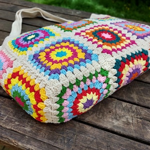 Granny Square Bag, Crochet Handle Bag, Crochet Bag, Boho Bag, Beach Bag, Shoulder Bag, Granny Square Beige Bag, Patchwork Bag, Gift for her image 6