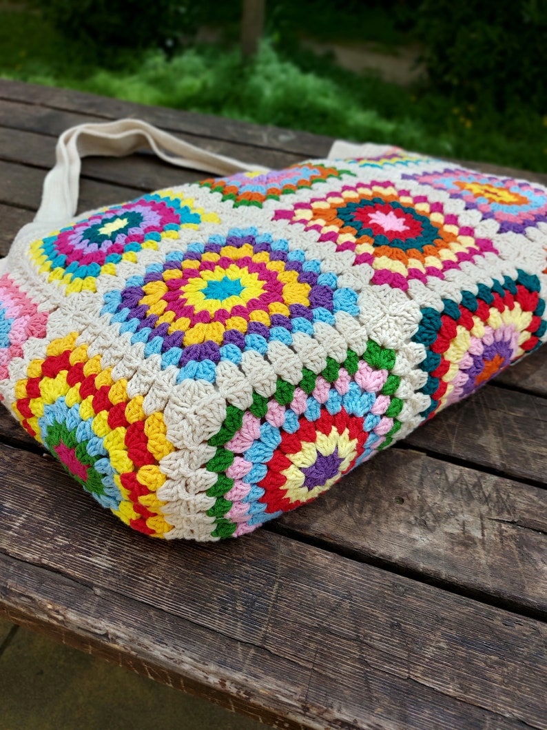 Granny Square Bag, Crochet Handle Bag, Crochet Bag, Boho Bag, Beach Bag, Shoulder Bag, Granny Square Beige Bag, Patchwork Bag, Gift for her image 6