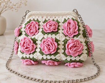 Crochet Rose Granny Square Kiss Lock Bag: Handmade Cotton Purse - Etsy