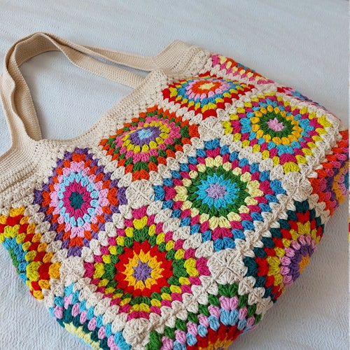 Crochet Granny orders Square Bag, Bohemian Style Bag, Knitting Shoulder Bag, Vintage Style Bag, Knitted Beach Bag, Crocheted Patchwork Handbags