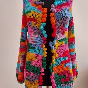 Crochet Multicolor Cardigan, Oversized Knitwear jacket, Wool Knitted Sweater, Boho multicolored Coat , Granny Square Cardigan, Gift for her image 8