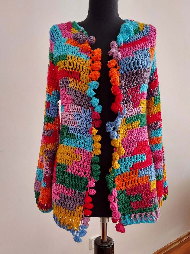 Crochet Multicolor Cardigan, Oversized Knitwear jacket, Wool Knitted Sweater, Boho multicolored Coat , Granny Square Cardigan, Gift for her image 8