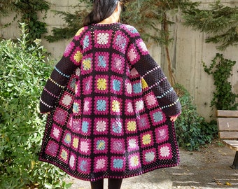 Crochet Boho Jacket, Granny Square Cardigan, Crochet Patchwork Sweater, Boho Purple Cardigan, Granny Square Long Coat, Purple Afghan Coat