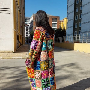 Crochet Patchwork Cardigan, Multicolor Granny Square Jacket, Boho Long Cardigan, Multicolor Maxi Plus Coat, Handknit Women Clothing Sweater, image 5