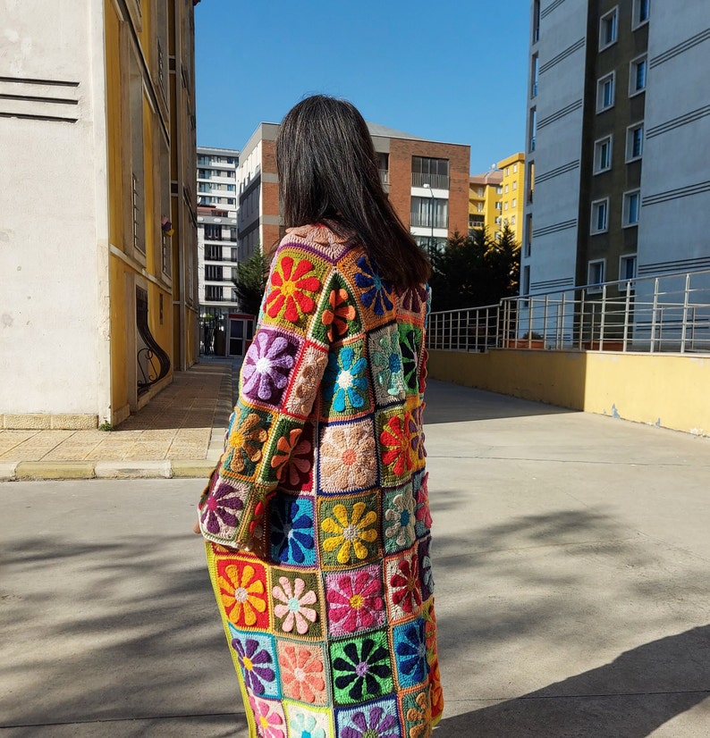 Crochet Patchwork Cardigan, Multicolor Granny Square Jacket, Boho Long Cardigan, Multicolor Maxi Plus Coat, Handknit Women Clothing Sweater, image 5