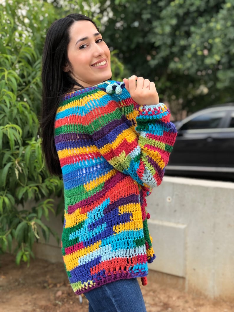 Crochet Multicolor Cardigan, Oversized Knitwear jacket, Wool Knitted Sweater, Boho multicolored Coat , Granny Square Cardigan, Gift for her image 2