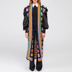 Crochet Granny Square Cardigan, Handknit Patchwork Vest, Sleeveless Afghan Vest, Granny Square Long Jacket, Handknit Boho Sweater