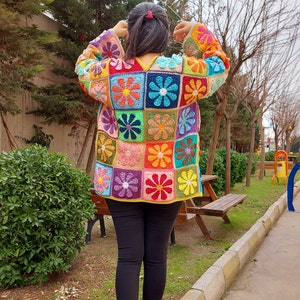 Crochet Granny Square Cardigan, Multicolor Patchwork Jacket, Crochet Boho Cardigan, Afghan Coat, Handknit Patchwork Sweater, Gift for her image 10