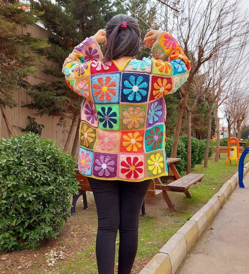 Crochet Granny Square Cardigan, Multicolor Patchwork Jacket, Crochet Boho Cardigan, Afghan Coat, Handknit Patchwork Sweater, Gift for her image 10