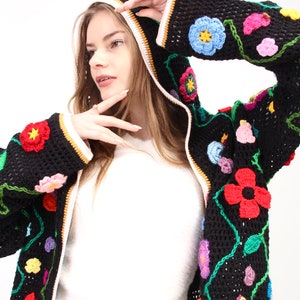Crochet Jacket, Hooded Black Sweater, Crochet Hooded Coat, Floral Sweater, for Woman Hooded Jacket, Cotton Boho Cardigan, Knitwear Sweater image 4