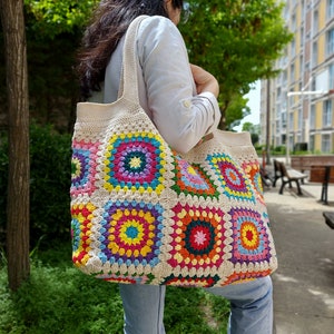 Granny Square Bag, Crochet Handle Bag, Crochet Bag, Boho Bag, Beach Bag, Shoulder Bag, Granny Square Beige Bag, Patchwork Bag, Gift for her image 8