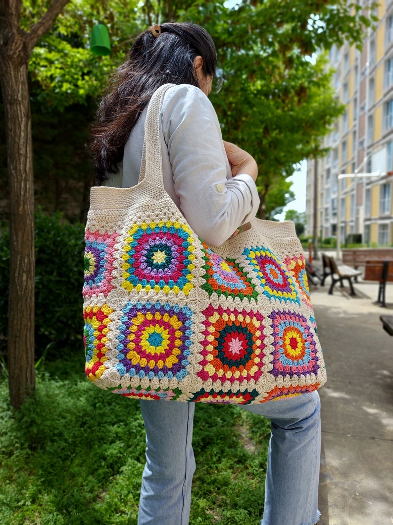 Granny Square Bag, Crochet Handle Bag, Crochet Bag, Boho Bag, Beach Bag, Shoulder Bag, Granny Square Beige Bag, Patchwork Bag, Gift for her image 8