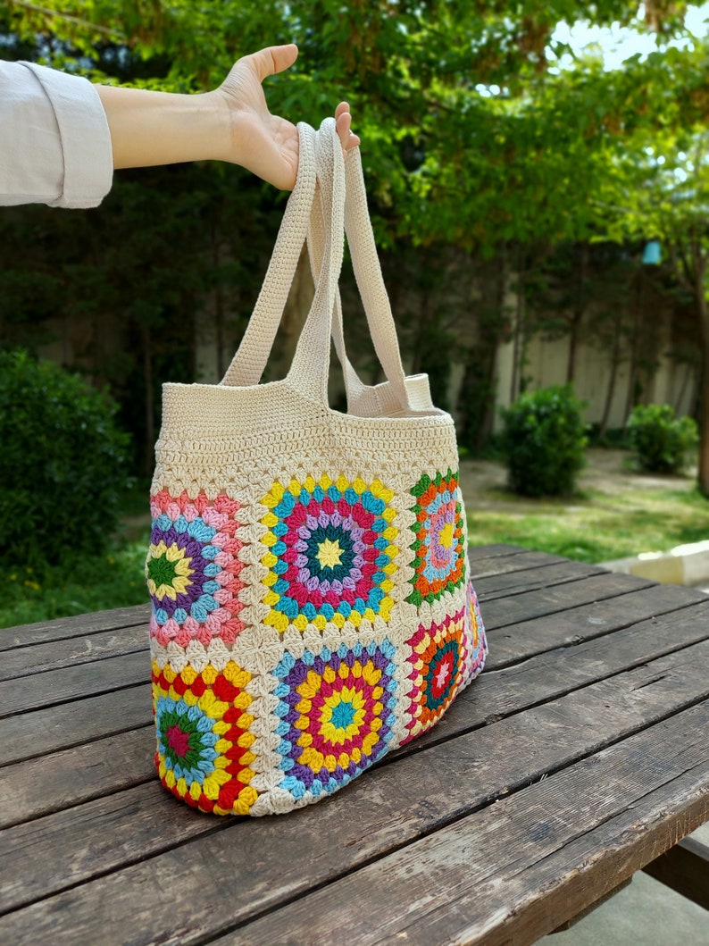 Granny Square Bag, Crochet Handle Bag, Crochet Bag, Boho Bag, Beach Bag, Shoulder Bag, Granny Square Beige Bag, Patchwork Bag, Gift for her zdjęcie 4
