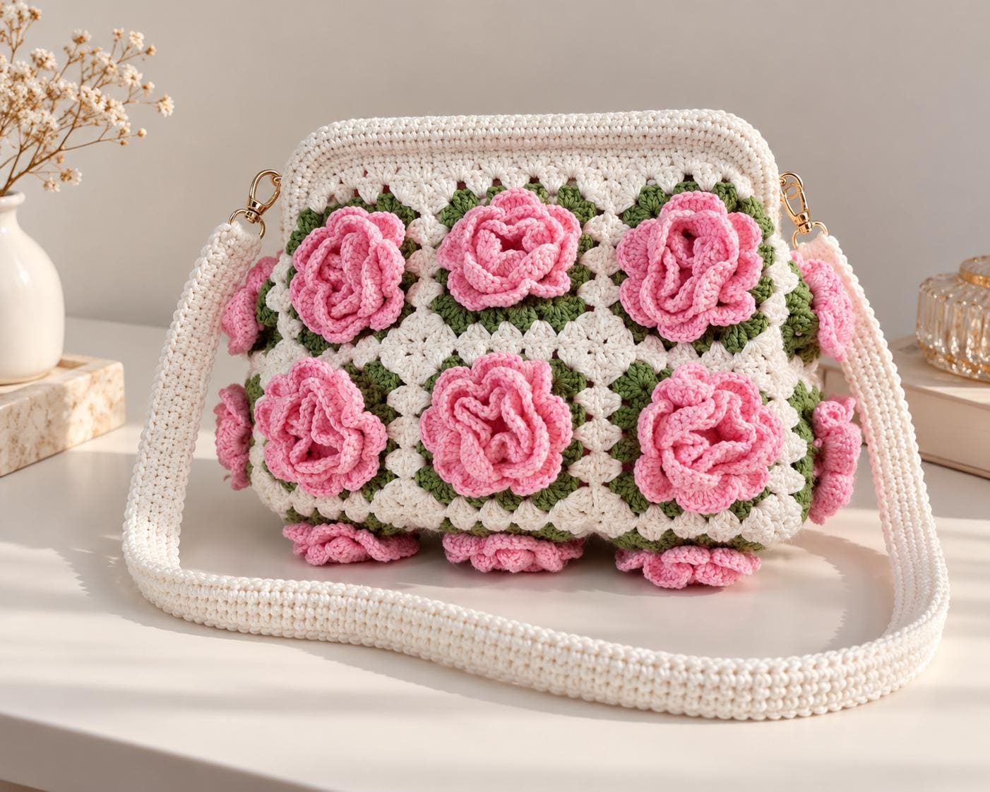 Crochet Rose Granny Square Kiss Lock Bag: Handmade Cotton Purse - Etsy