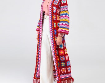 Granny Square Cardigan, Crochet Boho Jacket, Afghan Long Coat, Multicolor Patchwork Jacket, Granny Square Sweater, Boho Long Cotton Cardigan