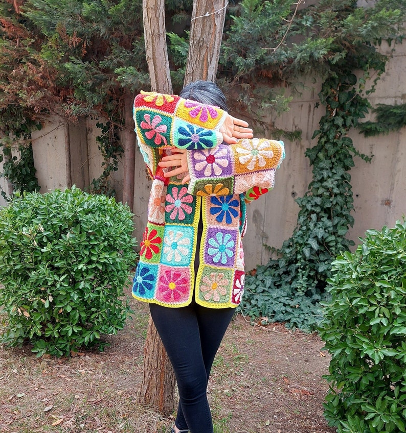 Crochet Granny Square Cardigan, Multicolor Patchwork Jacket, Crochet Boho Cardigan, Afghan Coat, Handknit Patchwork Sweater, Gift for her image 3
