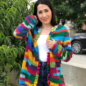 Crochet Multicolor Cardigan, Oversized Knitwear jacket, Wool Knitted Sweater, Boho multicolored Coat , Granny Square Cardigan, Gift for her