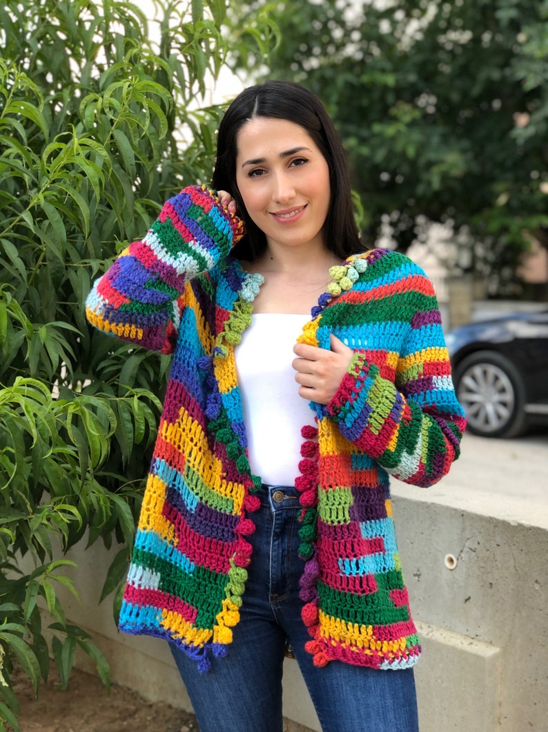 Crochet Multicolor Cardigan, Oversized Knitwear jacket, Wool Knitted Sweater, Boho multicolored Coat , Granny Square Cardigan, Gift for her image 1