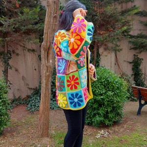 Crochet Granny Square Cardigan, Multicolor Patchwork Jacket, Crochet Boho Cardigan, Afghan Coat, Handknit Patchwork Sweater, Gift for her image 7