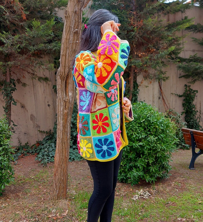 Crochet Granny Square Cardigan, Multicolor Patchwork Jacket, Crochet Boho Cardigan, Afghan Coat, Handknit Patchwork Sweater, Gift for her image 7